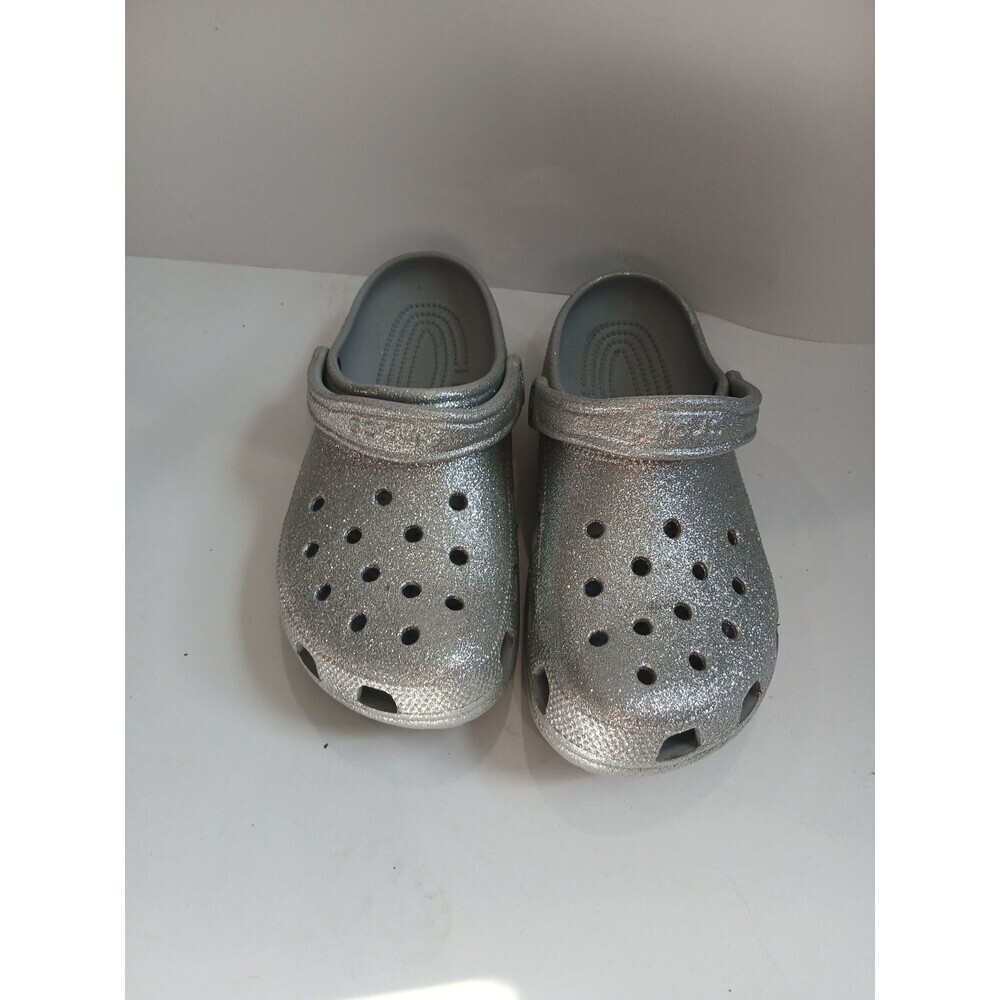 Crocs Kids Glitter Silver Clogs Size 7 Slip On Lightweight Comfort Shoes